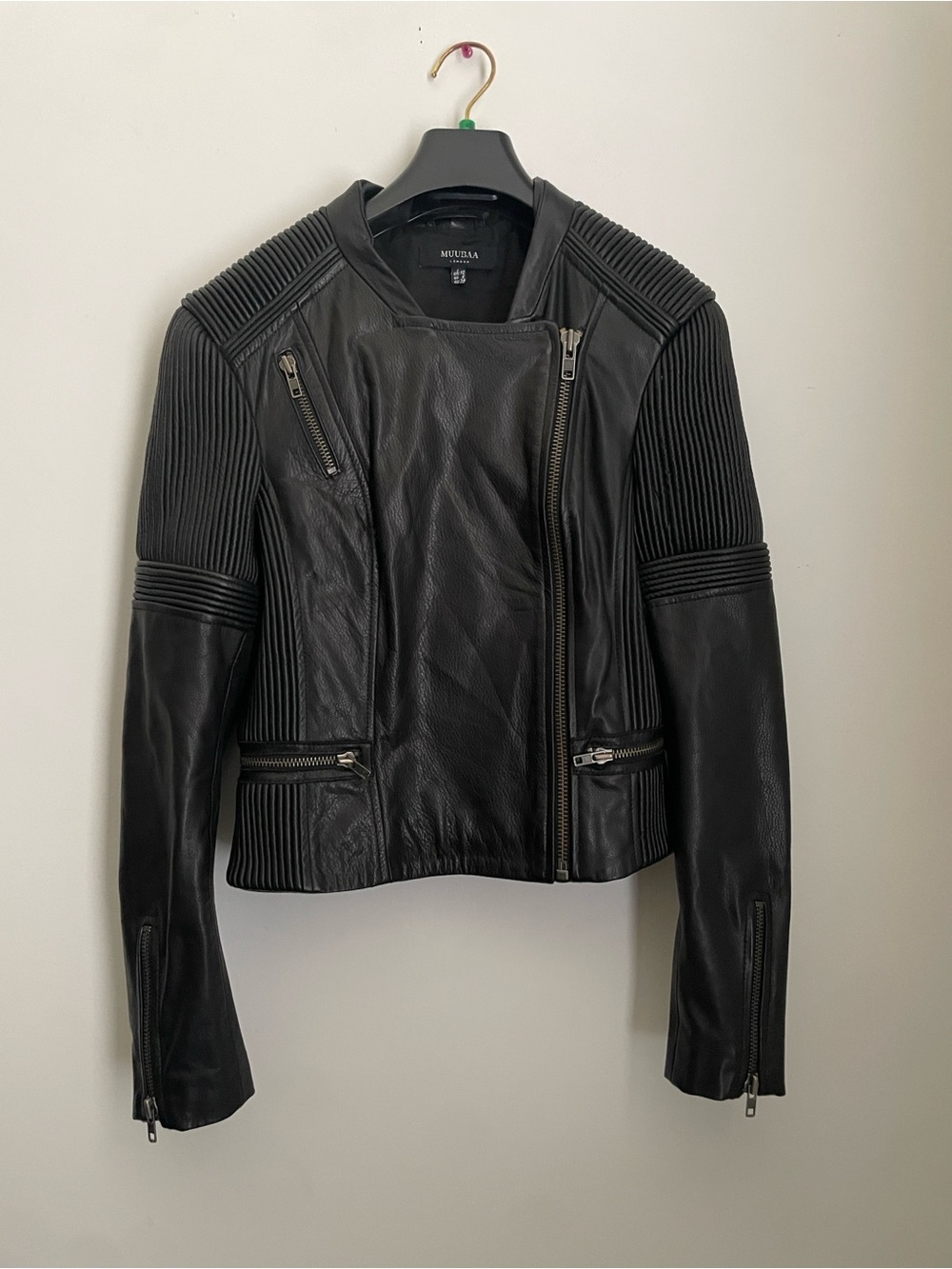 Muubaa Penza Black Corded Leather Biker Moto Jacket Women’s Size 6